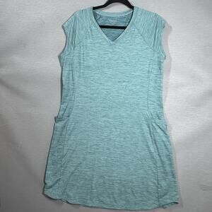 Toad & Co Performance Dress Size XL Turquoise Blue Stripe Side Pockets
